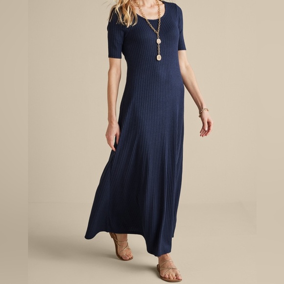 Soft Surroundings Navy Textured Short Sleeve Santiago Dress Size Large - Picture 1 of 6